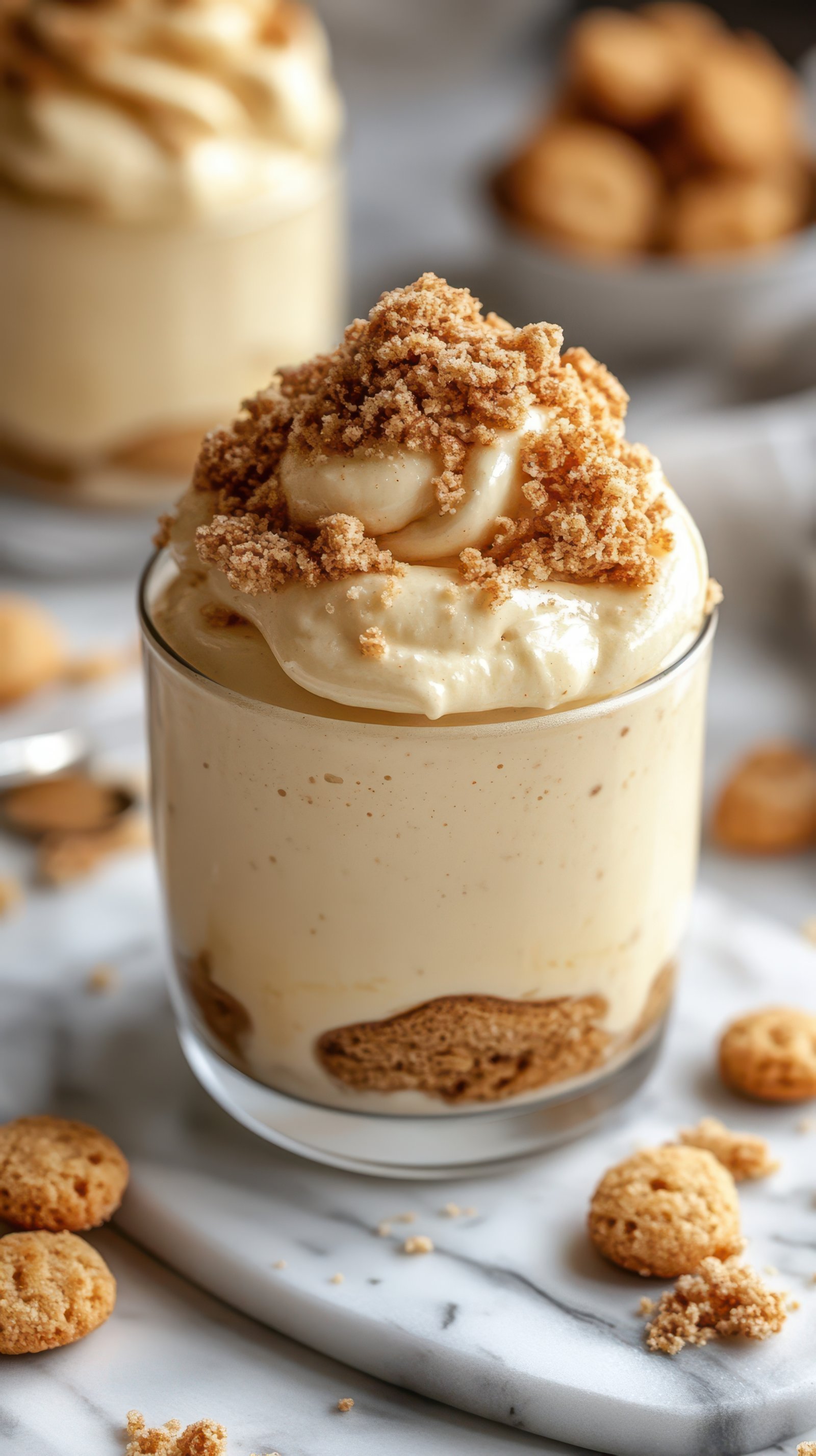 Delicious layered dessert with creamy filling and cookie crumbs served in a glass